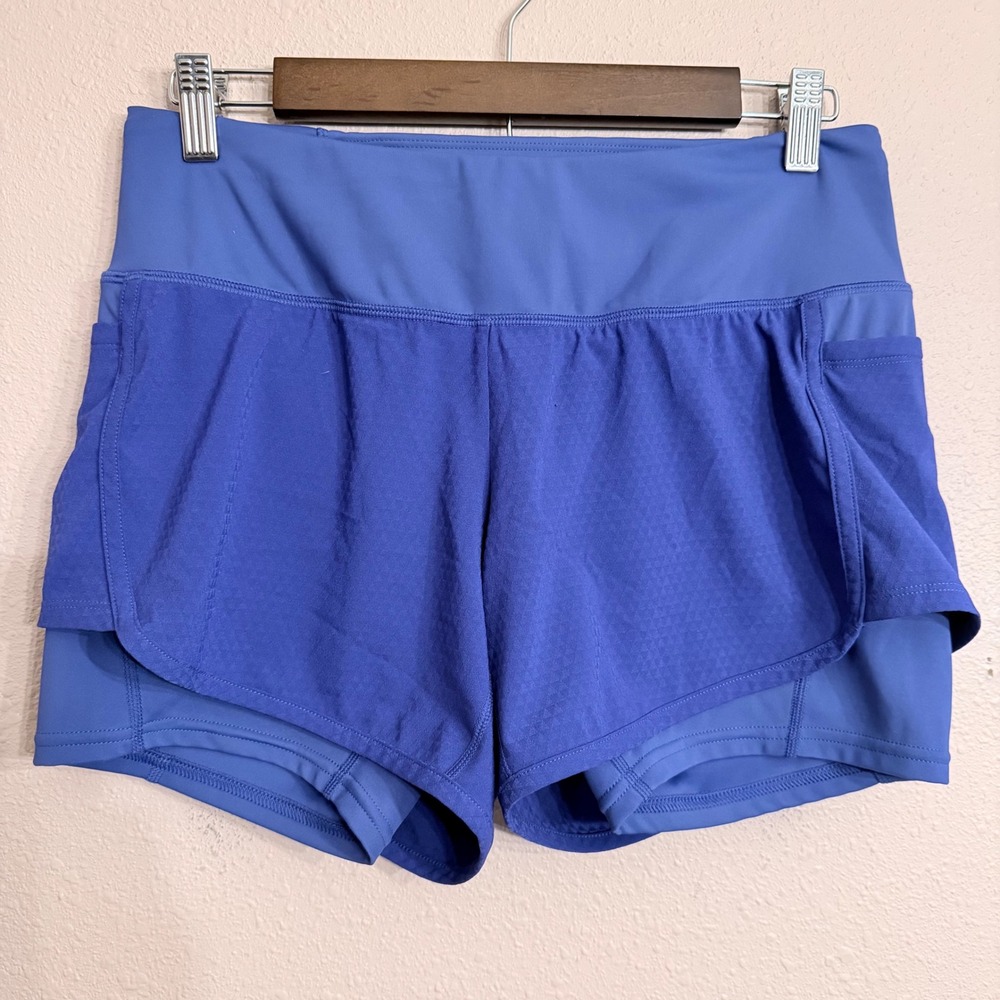 Oiselle Long Roga Blue 2-in-1 Running Shorts Womens Size 10 Pocket Activewear